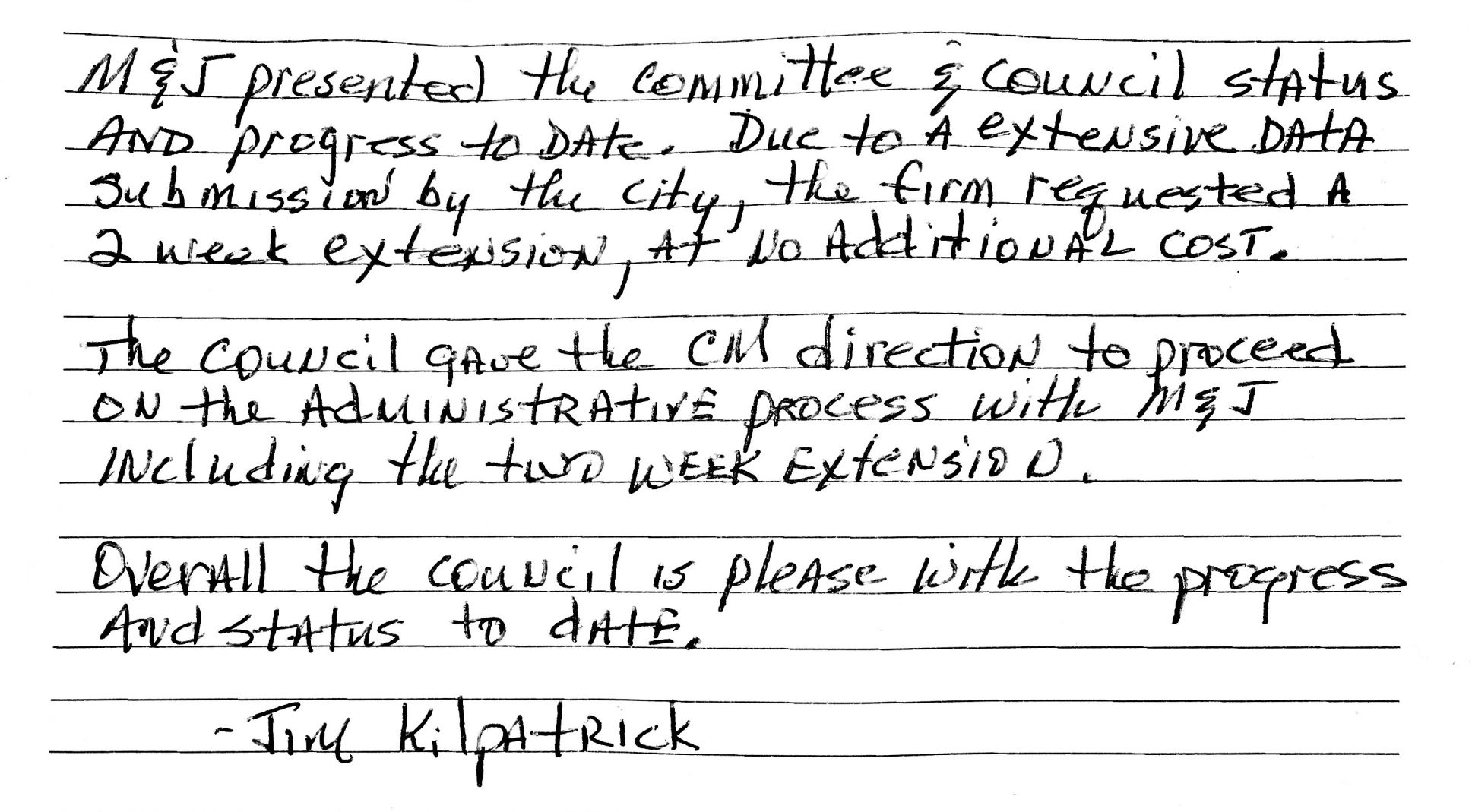 Kilpatrick handwritten note